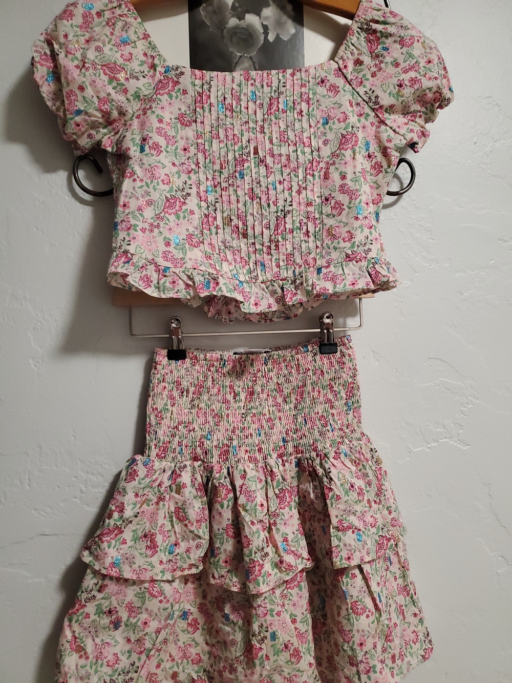 Girls Pink Floral Smocked Skirt Set